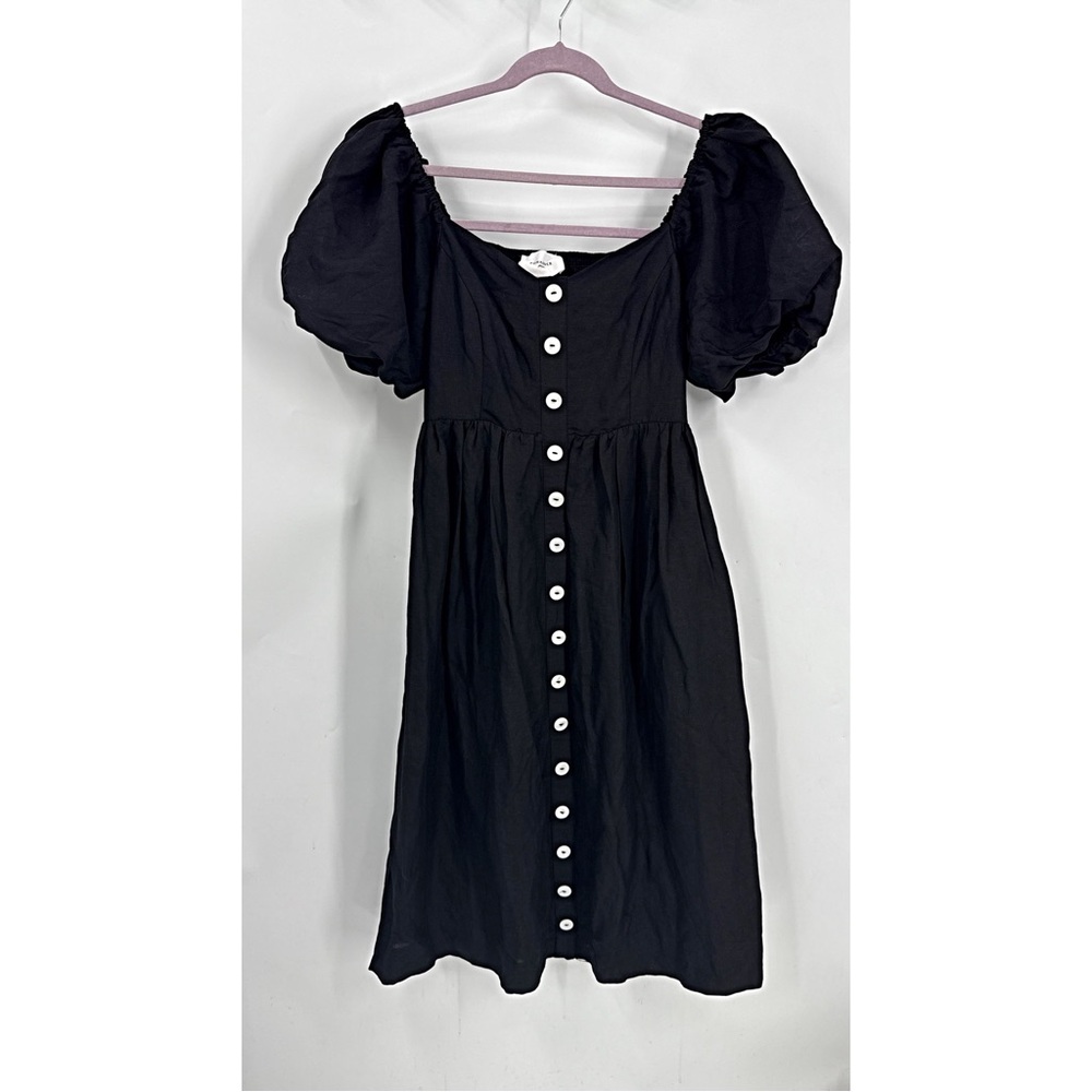 Pomander Place Tuckernuck Alexis Midi  Linen blend Puff Sleeve Black Dress L